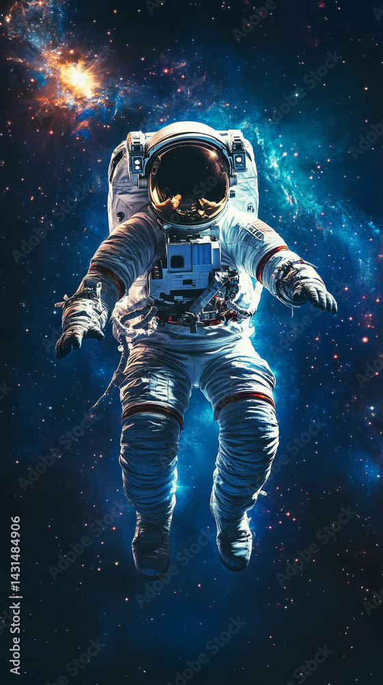 A classic pin-up style poster featuring an astronaut in a sleek spacesuit floating in the vast cosmos, surrounded by twinkling stars and a distant Earth A classic pin-up style poster featuring an astronaut in a sleek spacesuit floating in the vast cosmos, surrounded by twinkling stars and a distant Earth