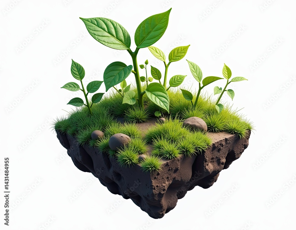 Floating Island with Lush Greenery and Rocks - 3D Render