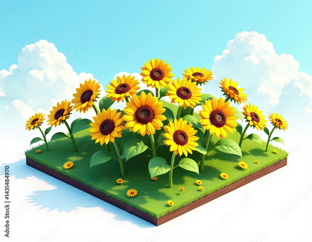 Isometric Sunflowers Field, Summer Meadow, Bright Sunny Day