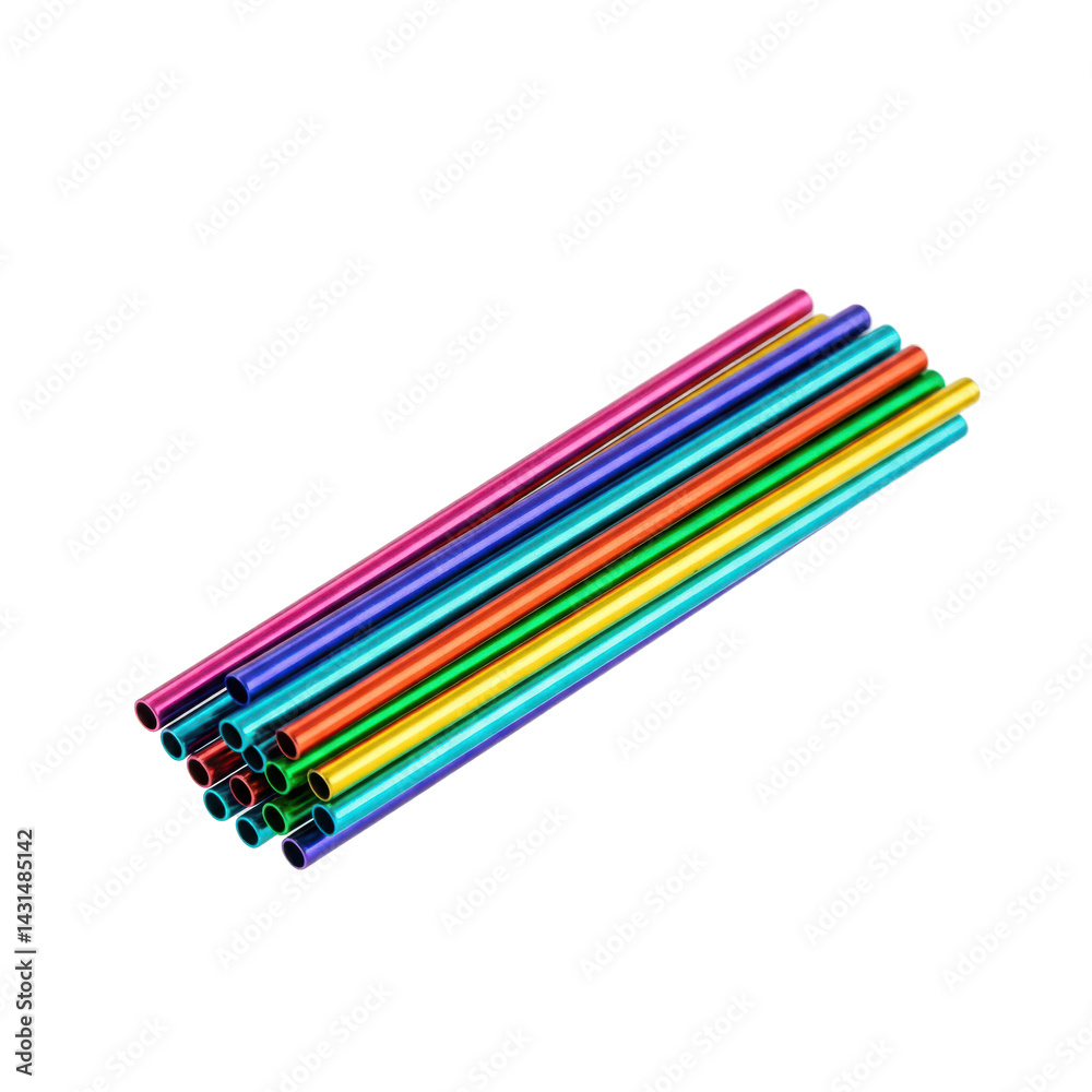A set of stackable metal reusable straws in various colors A set of stackable metal reusable straws in various colors