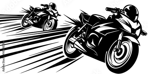 Two Sportbikes Racing at High Speed Black and White Illustration