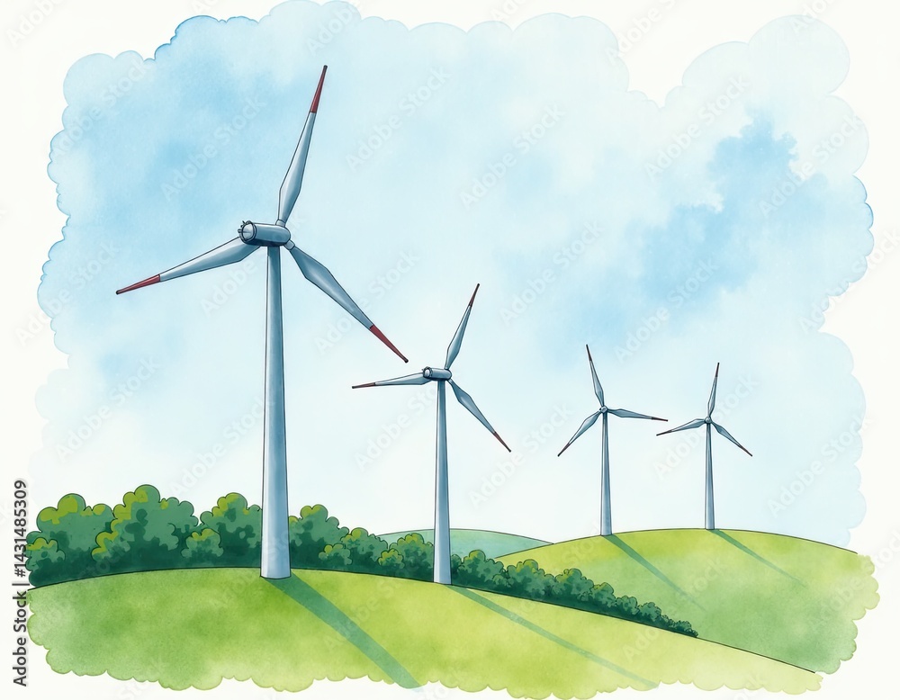 Wind Turbines Watercolor Illustration