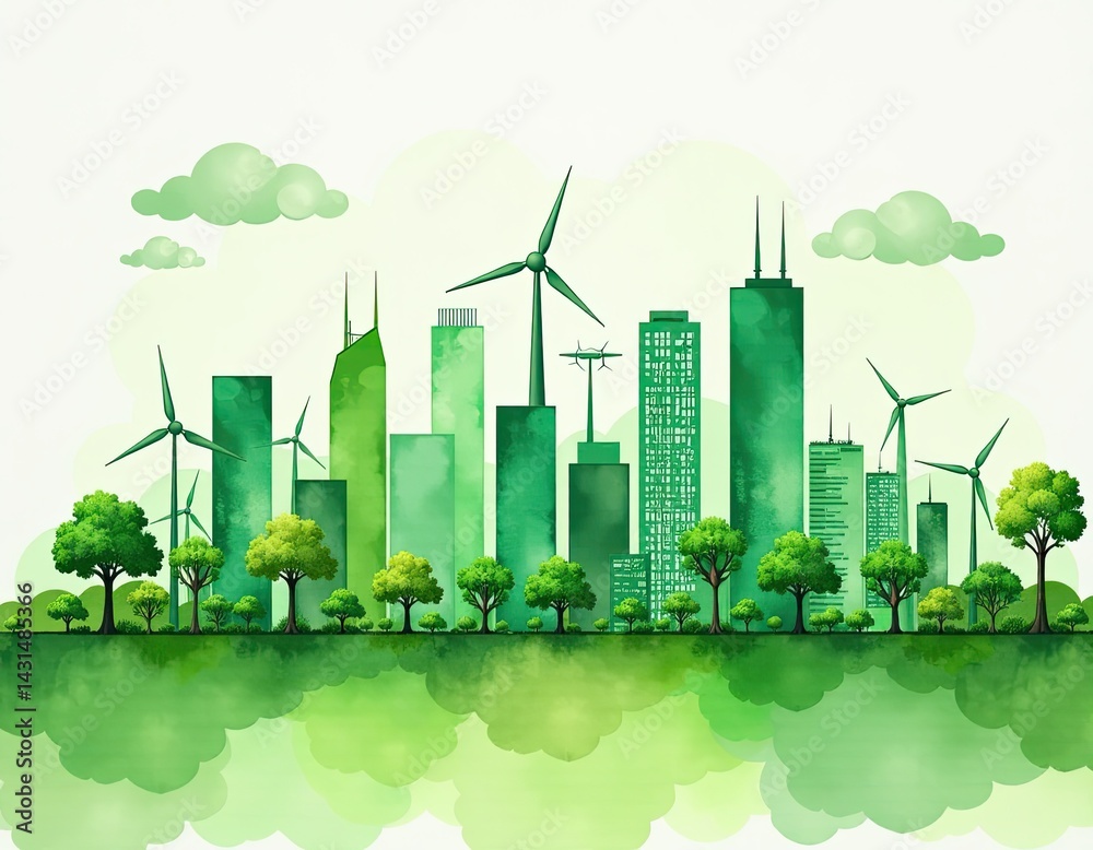 Green City Concept with Wind Turbines and Trees
