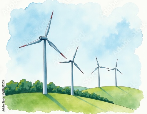 Obraz na płótnie Wind Turbines Watercolor Illustration w salonie