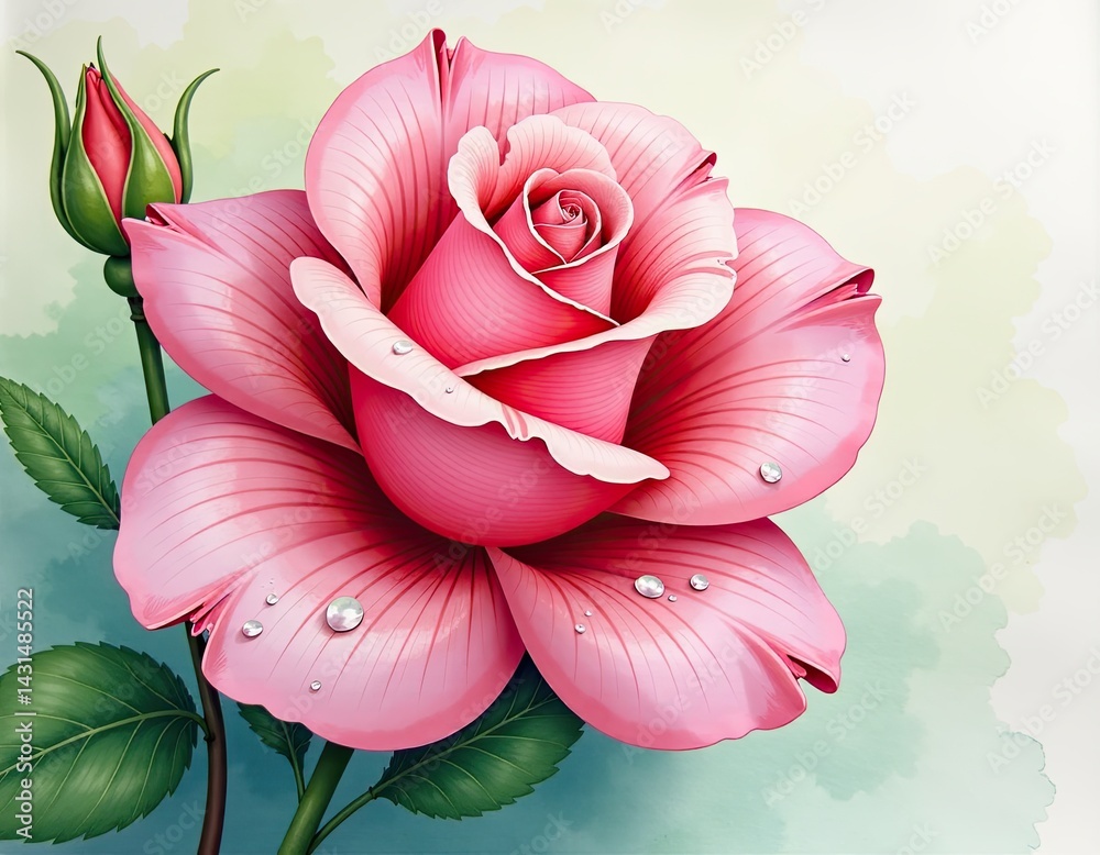 Pink Rose with Dewdrops Illustration