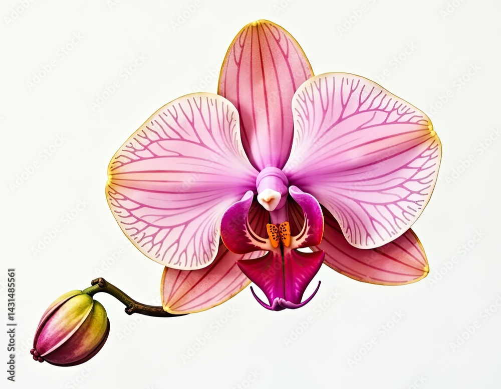 Pink Orchid Blossom with Bud on White