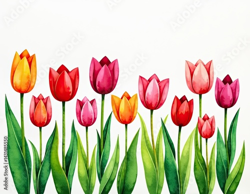 Obraz na płótnie Watercolor Tulips Row Spring Flowers Border w salonie