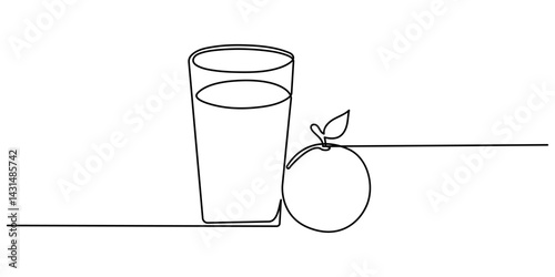Continuous one line drawing of orange juice vector illustration . Orange juice in a glass with lemon wedges on the glass. Glass of orange drink and lemon slices in doodle style. Editable stroke.