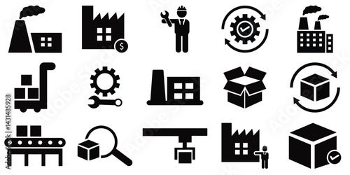 Industrial Factory Line Icons – Editable Vector Set with Machinery, Automation, and Production Elements