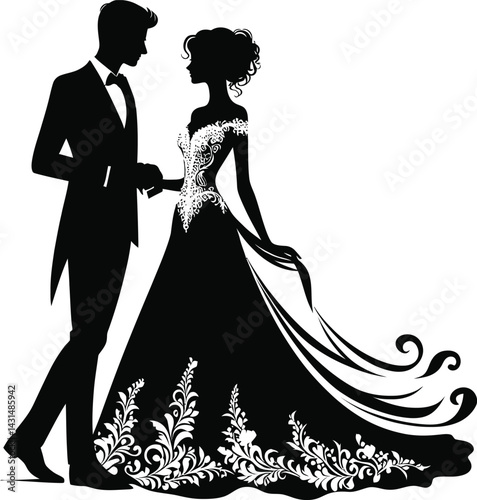 Silhouette illustrates a wedding couple, the bride in her gown and the groom, a symbol of love and marriage