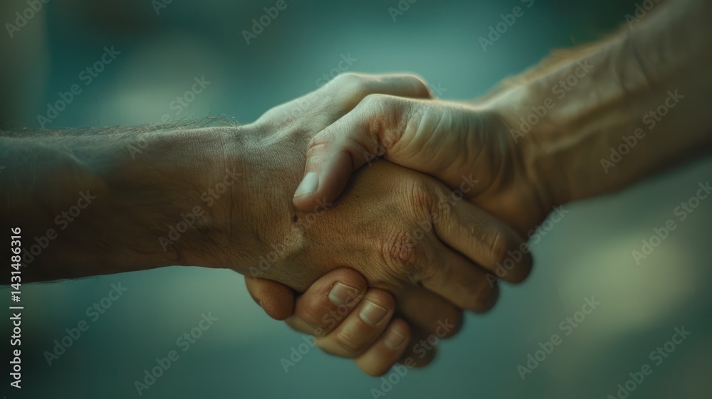 Fototapeta premium Close up of skilled business people hand making a deal and shaking hands. Macro shot of manager holding hands and making agreement at blurring background. Cooperation, collaboration, teamwork. AIG53.