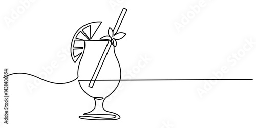 Continuous one line drawing of orange juice vector illustration . Orange juice in a glass with lemon wedges on the glass. Glass of orange drink and lemon slices in doodle style. Editable stroke.