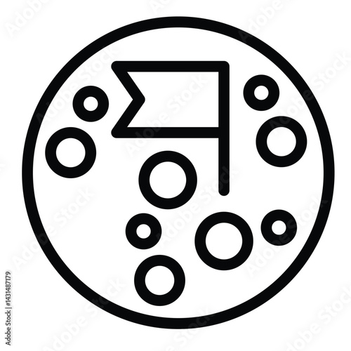 Moon with craters and flag line icon, cosmos concept. Vector graphics. Planet mission, mark sign on white background, style for mobile or design.