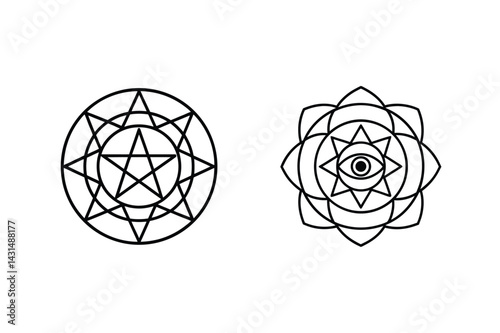 Mystical Symbols Line Art Of A Pentagram And Floral Eye Design Elements