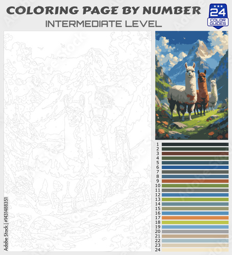 Color by Number Printable – Llamas in Mountain Landscape, Scenic Animal Coloring Page for Adults and Teens