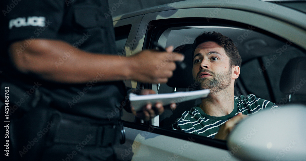 Man, police and stop car for fine, registration check and speeding for traffic warning. Person, law enforcement and licence for drunk driving, ticket penalty and transport risk for violation at night