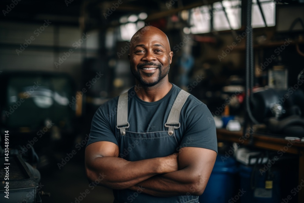 Smiling portrait of a middle aged African American car mechanic working in a car mechanic shop in the USA Smiling portrait of a middle aged African American car mechanic working in a car mechanic shop in the USA