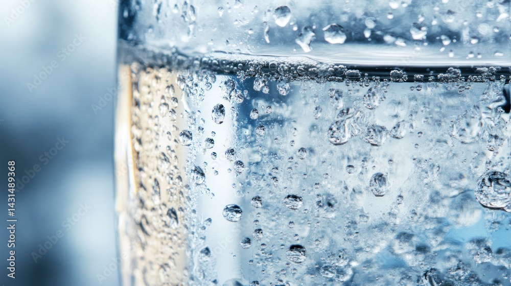 Close Up Of A Glass Of Sparkling Water With Blue Hues Displaying Bubbles and Transparency Close Up Of A Glass Of Sparkling Water With Blue Hues Displaying Bubbles and Transparency