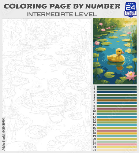 Color by Number Printable – Cute Duckling in Pond, Water Lily Scene, Intermediate Coloring Page for All Ages