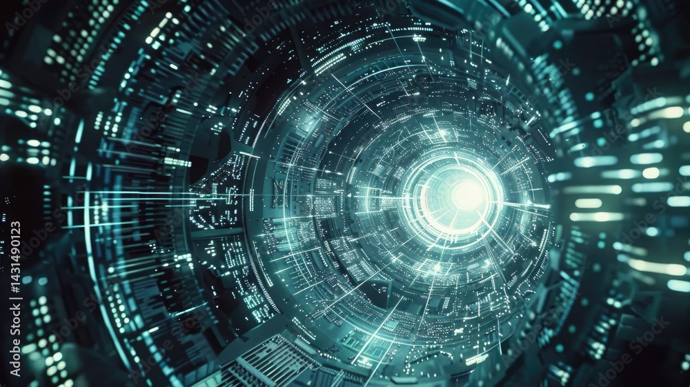 Obraz premium Futuristic digital interface with glowing elements. Digital artwork of circle shape hologram with blue glowing interface. Technology and innovation concept for design and print. Cyber security. AIG53.