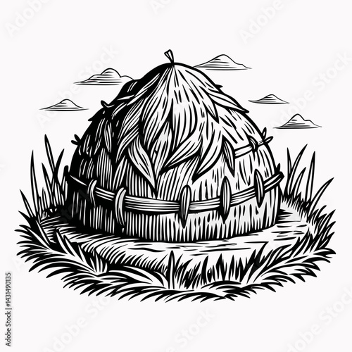 Traditional Tribal Hut with Thatch Roof in Vintage Black and White Style