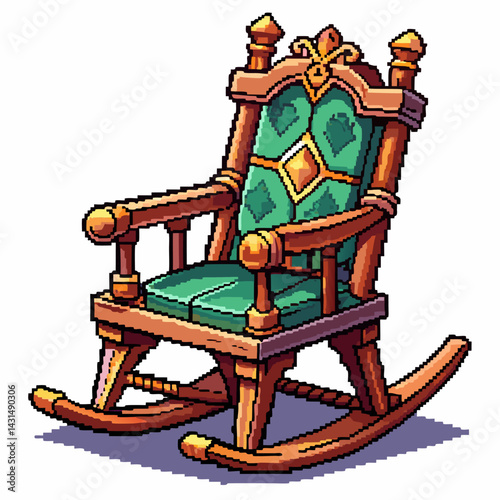 Vintage Wooden Rocking Chair with Green Cushion in Pixel Art Style