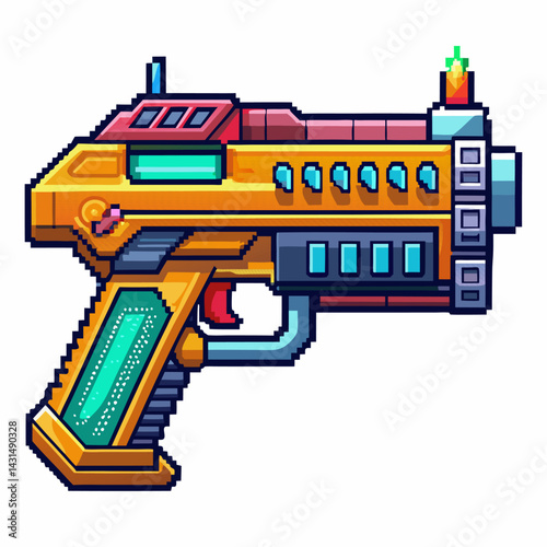 Retro Pixelated Sci Fi Ray Gun  Illustration with Neon Colors