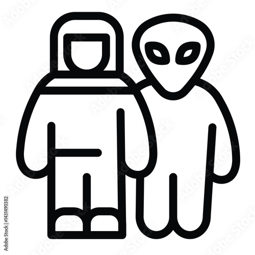 Alien with astronaut line icon, cosmos concept. Vector graphics. Spaceman human and humanoid alien sign on white background, style for mobile or design.