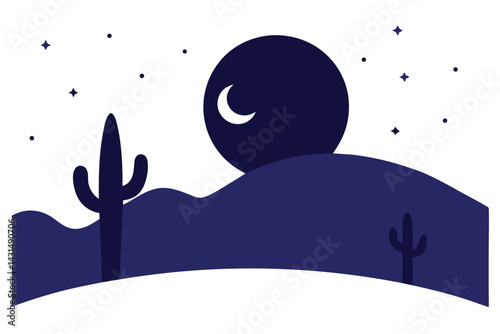 desert-at-night-with-crescent-moon--cacti-silhouet.eps