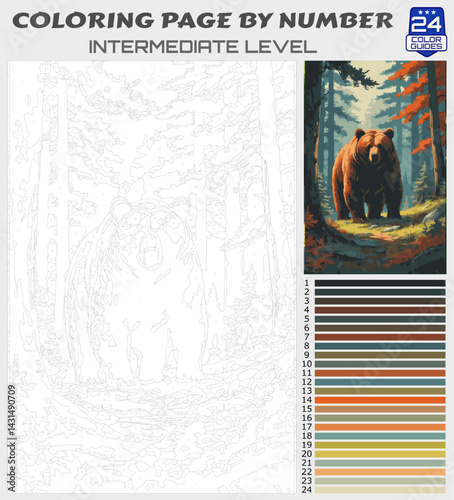 Color by Number Printable – Majestic Bear in Autumn Forest, Intermediate Wildlife Coloring Page for Adults and Teens