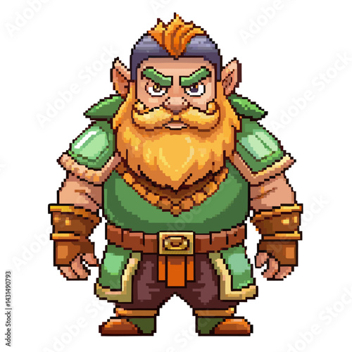 Pixel Art Fantasy Dwarf Warrior Character with Armor and Beard in Retro Game Style