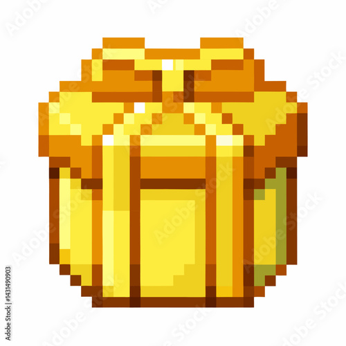Pixel Art Yellow Gift Box with Ribbon   Retro Gaming Icon in Bright Colors
