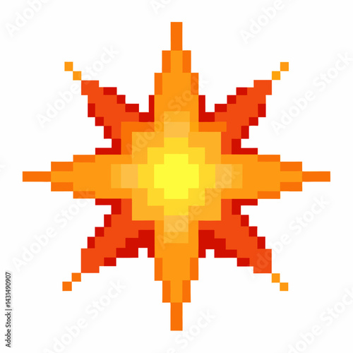 Pixel Art Sunburst Symbol in Retro 8 bit Style on White Background