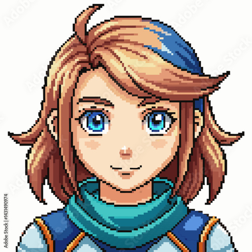 Pixel Art Portrait of Anime Style Character with Blue Eyes and Brown Hair