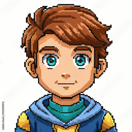 Retro Pixel Art Boy Character with Brown Hair and Blue Eyes Wearing a Hoodie