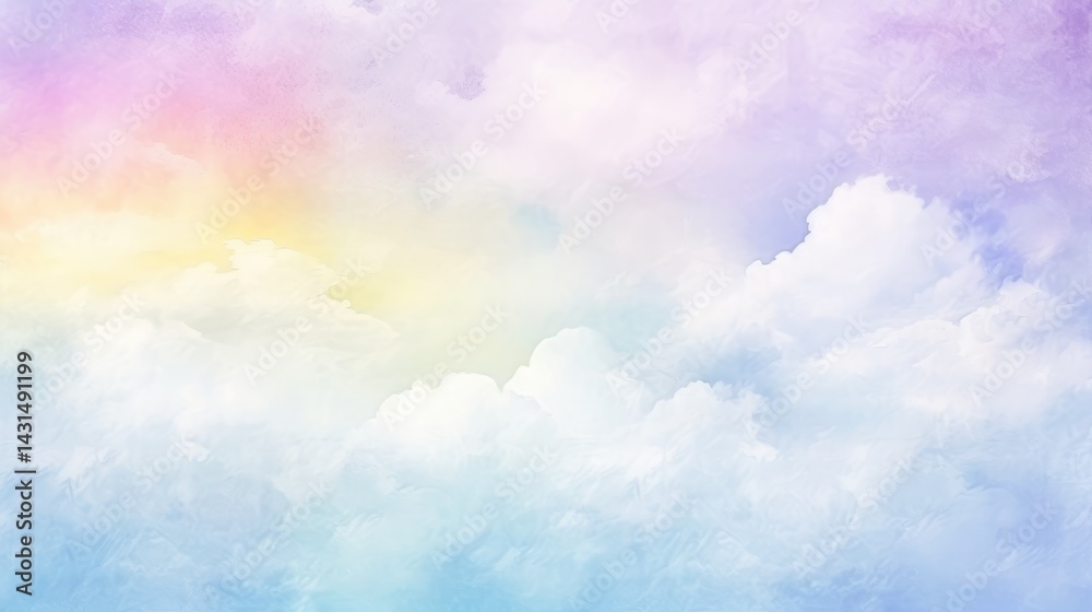 Obraz premium Abstract rainbow watercolor background with soft pastel color gradient and grainy texture for creative design, heaven sky and cloud concept.