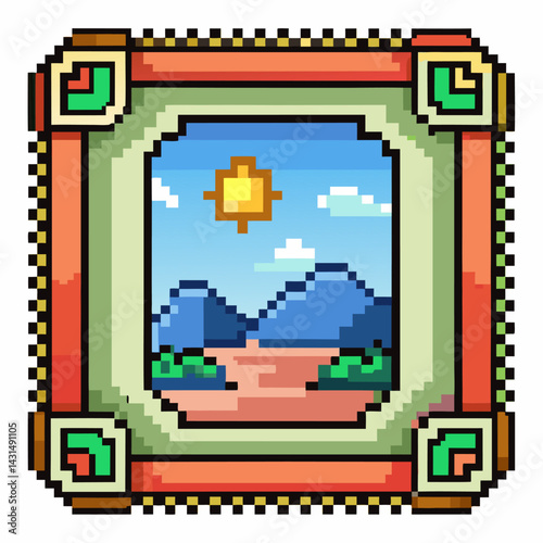 Colorful Pixel Art Frame with Mountain Landscape and Bright Sun Illustration