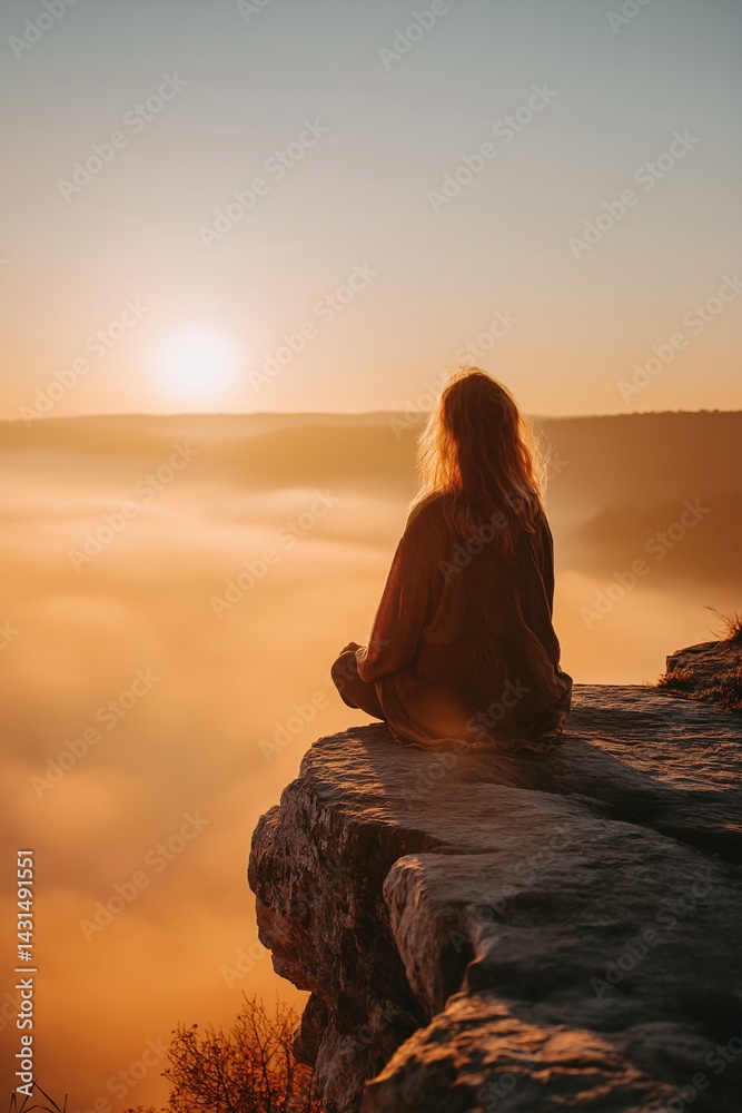 Meditative woman on mountain edge, overlooking atmospheric sunrise. Meditative woman on mountain edge, overlooking atmospheric sunrise.