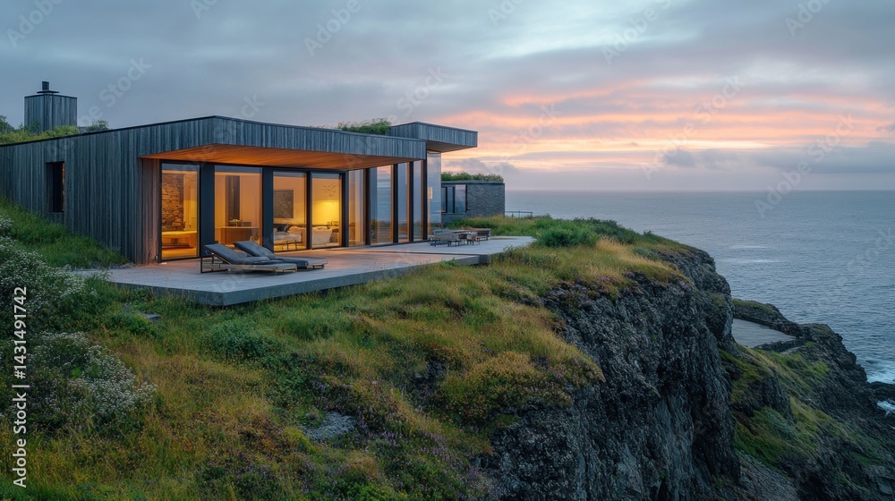 Fototapeta premium Coastal Cliffside Modern Home: Sunset Views