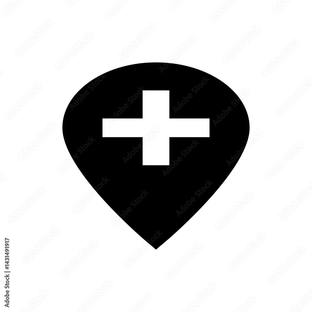 Black map marker icon with a white plus sign indicating a medical or healthcare location service point Black map marker icon with a white plus sign indicating a medical or healthcare location service point