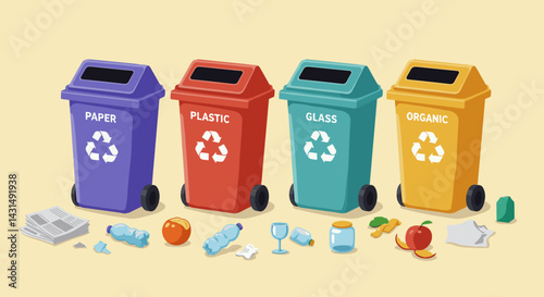 Recycling Bins Sorting Waste in Colorful Style on Yellow Background  