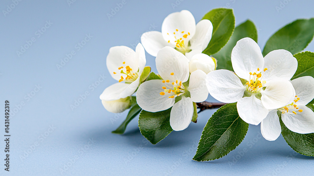 Obraz premium Delicate Blossoms of Spring with Bright Stamens Displayed Against a Pale Blue Background for Freshness