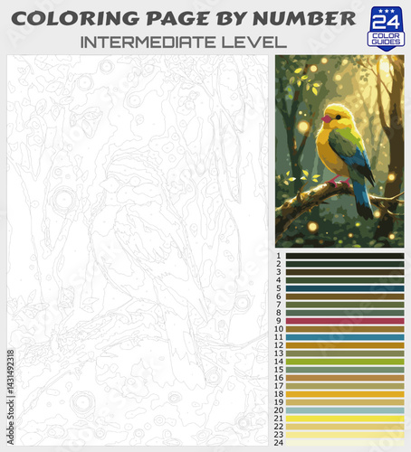 Color by Number Printable - Vibrant Parrot in Forest | Intermediate Level Art Activity for Adults and Teens