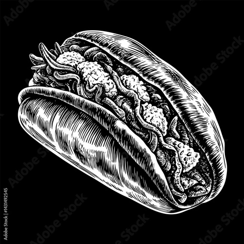 A black and white drawing of a hot dog with mustard and relish