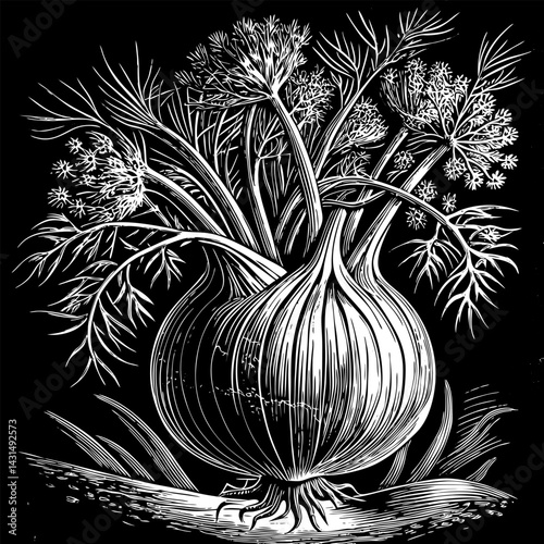 A drawing of a bulbous onion with a stem and leaves