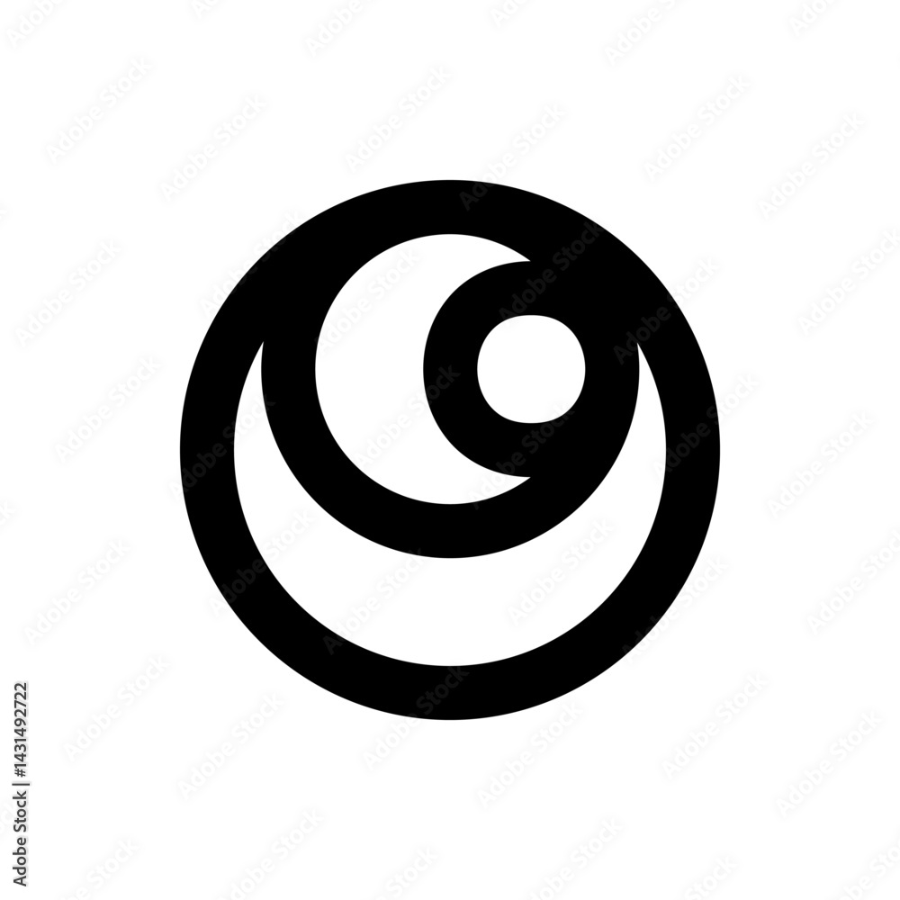Abstract representation featuring a black circle encompassing crescent shapes and a smaller circle element inside Abstract representation featuring a black circle encompassing crescent shapes and a smaller circle element inside