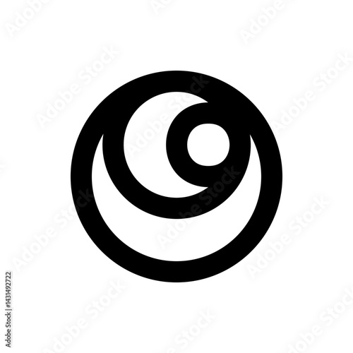 Abstract representation featuring a black circle encompassing crescent shapes and a smaller circle element inside