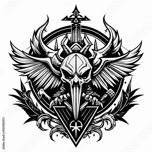 Intricate Gothic Skull Artwork with Wings and Sword Emblem