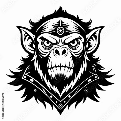 Fierce Monochrome Tribal Ape Design with Primal Expression