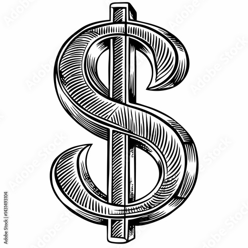 Vintage Dollar Sign Illustration Detailed Monochrome Hand Drawn Style